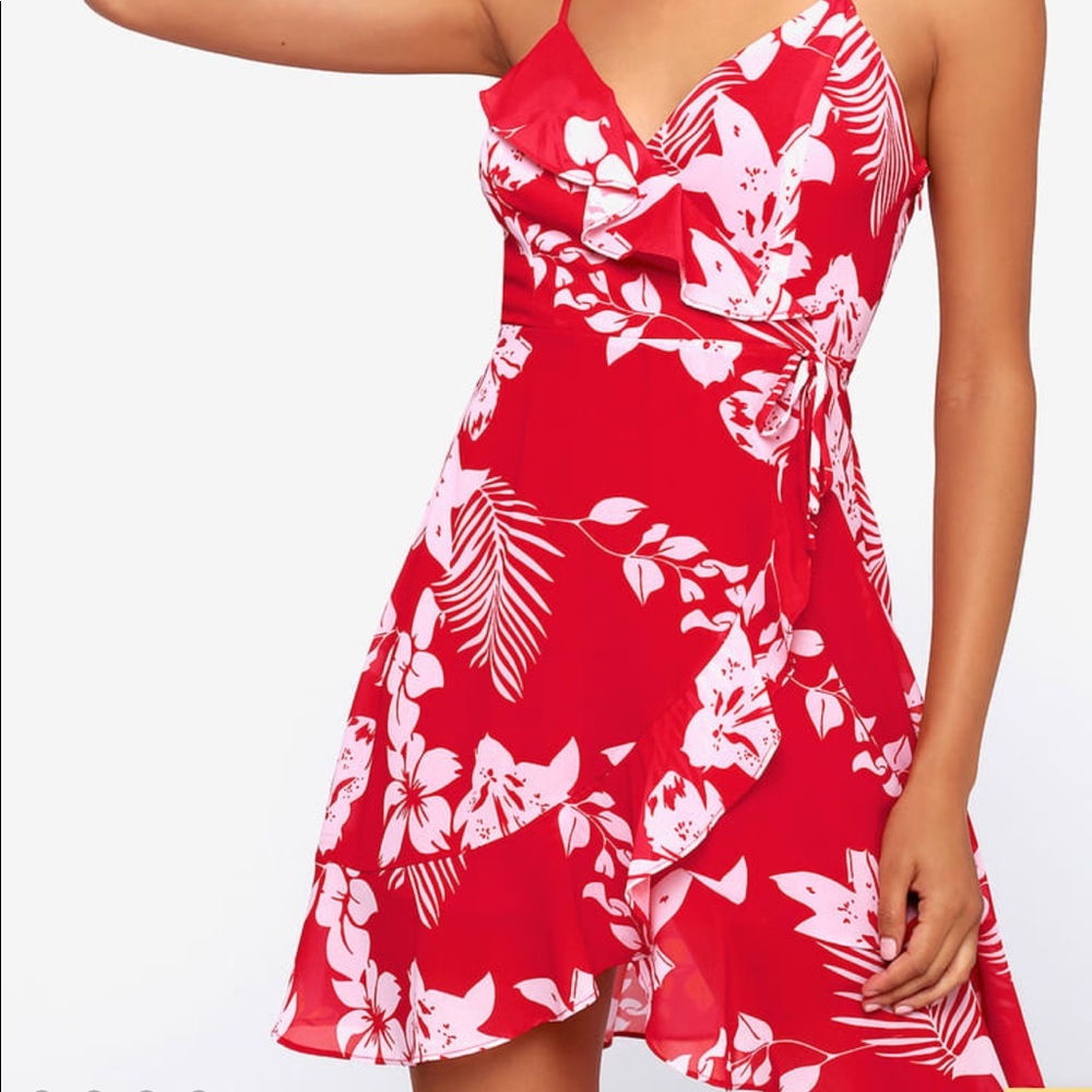 Lulu’s Islet It Be Red Tropical Print Ruffled Mini Dress